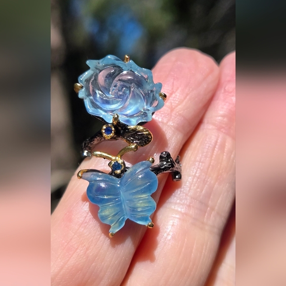 Aquamarine Butterfly & Flower Sterling Rhodium & Gold Ring Sz9 Adjustable - Picture 5 of 13
